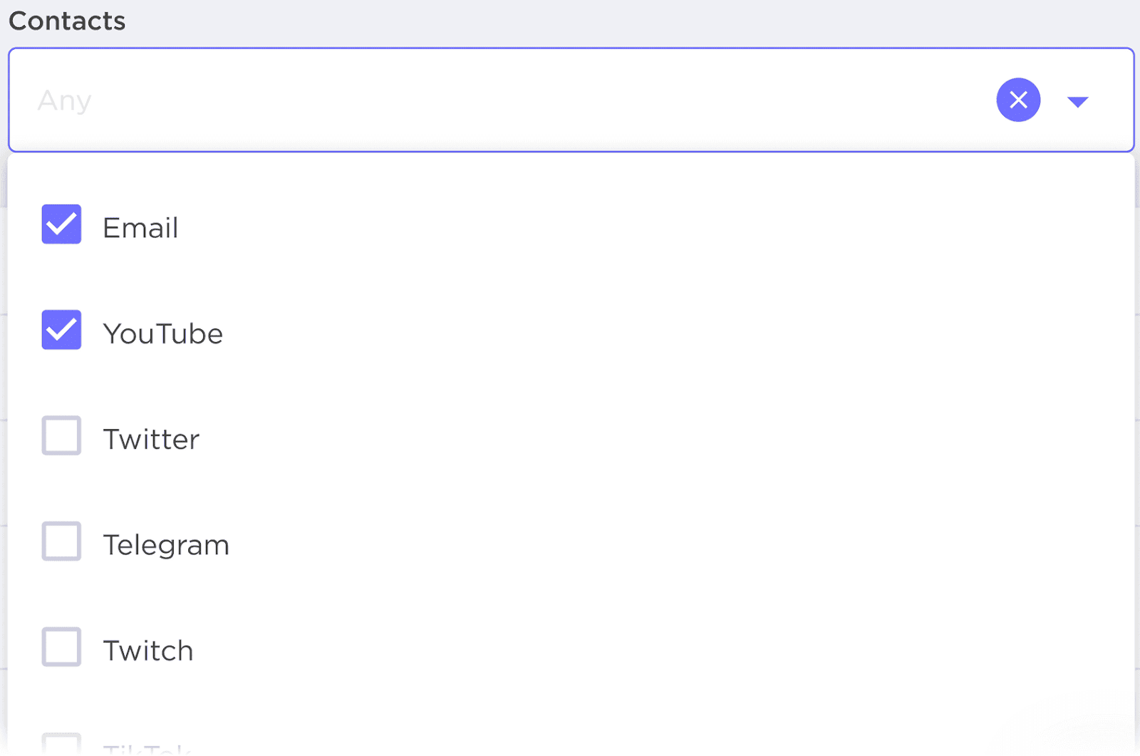 Influencer Analytics dropdown paper   showing interaction  options with Email and YouTube selected.