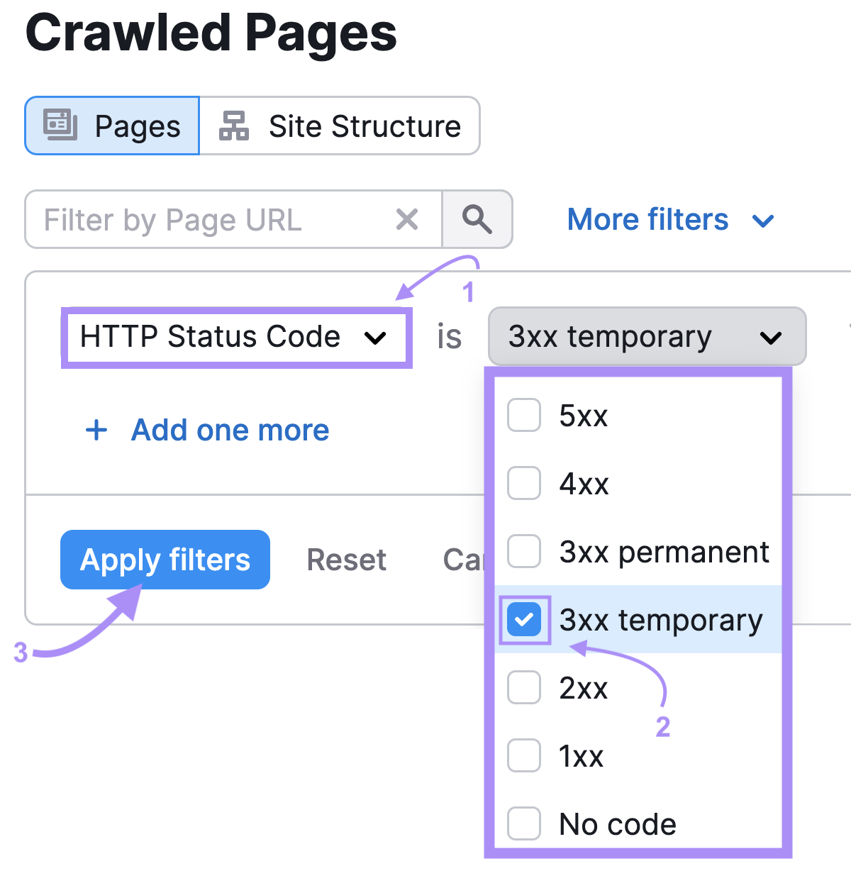 "3xx temporary" status code selected under "HTTPS Status Code" filter under "Crawled Pages" report