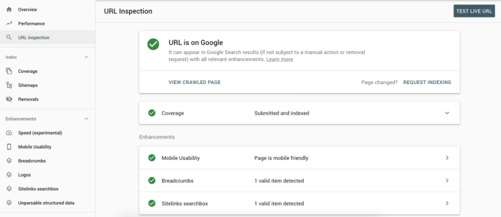 google search console main menu