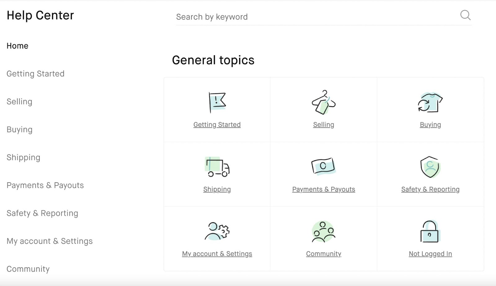 Vinted’s Help Center with "General topics" page opened