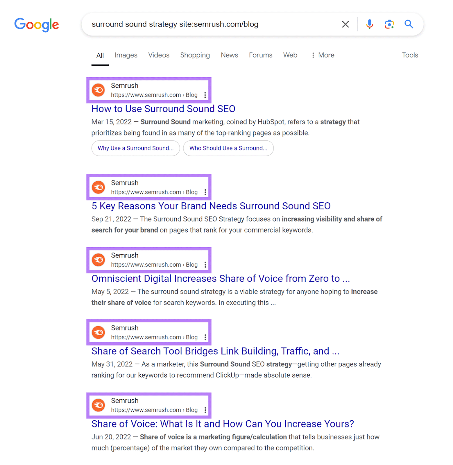 Search results for 'surround sound strategy site:semrush.com/blog' with domains highlighted for each result