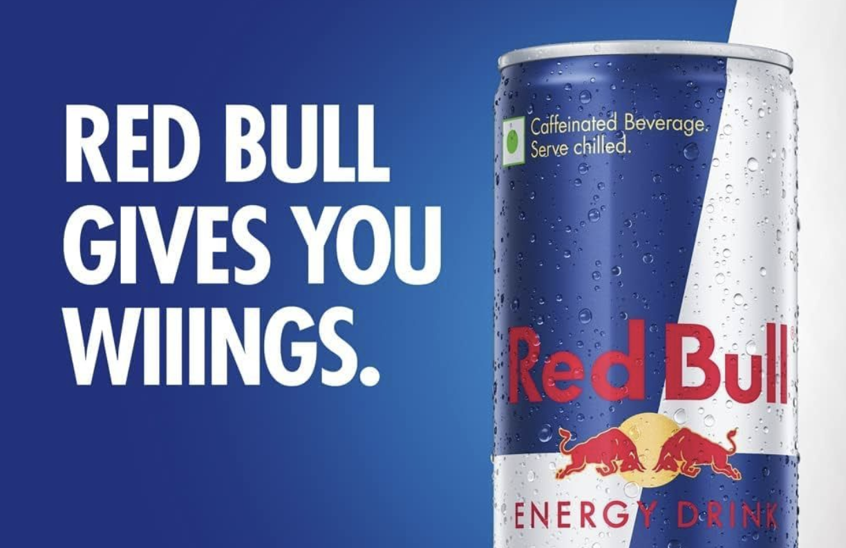 "Red Bull Gives You Wiiings" slogan with a red bull can