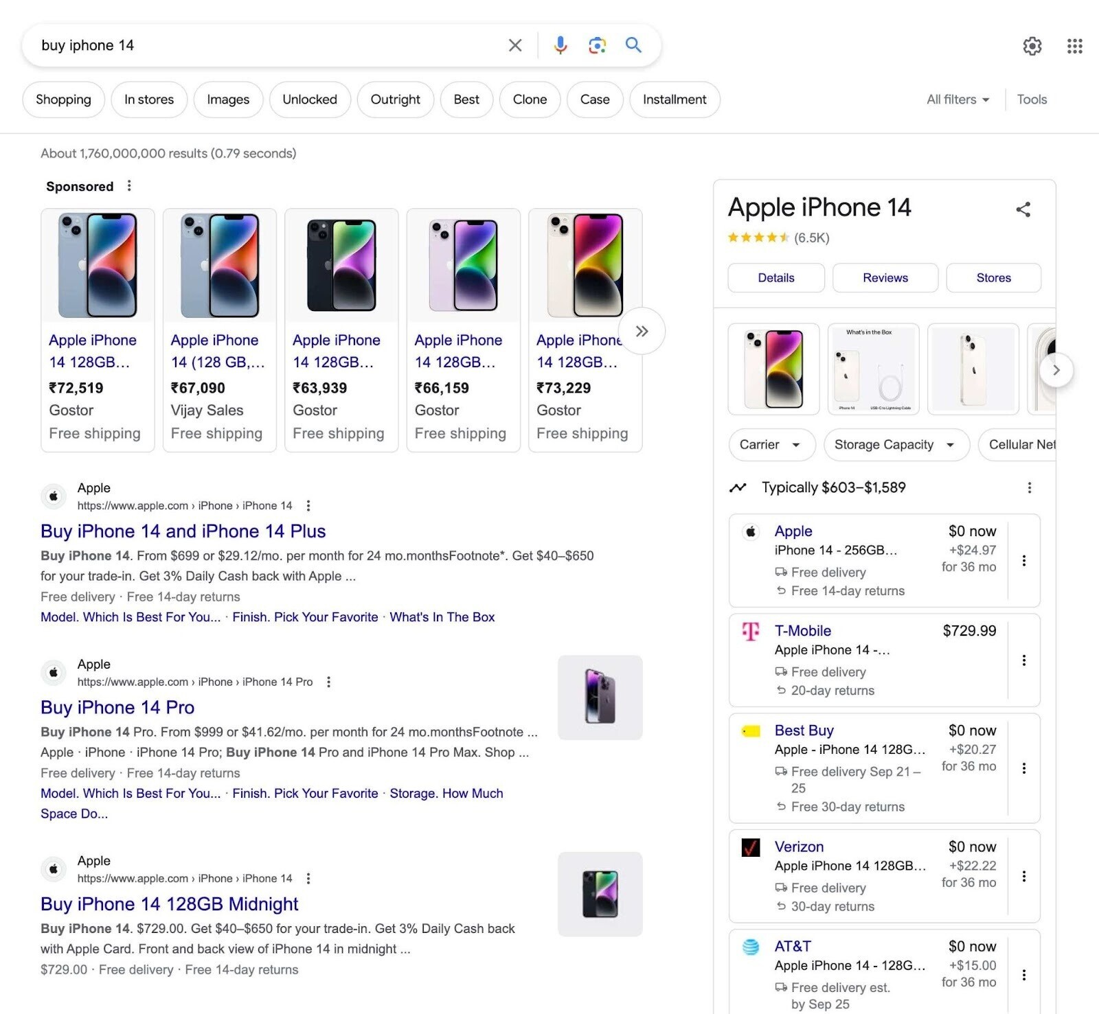 Google SERP for "buy iphone 14"