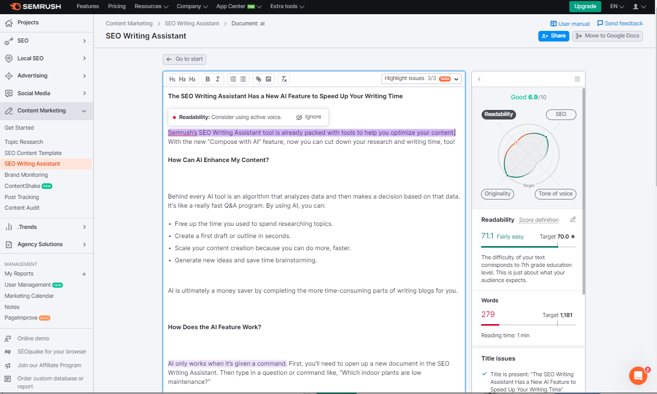 SEO Writing Assistant shows produced content alongside an SEO score.