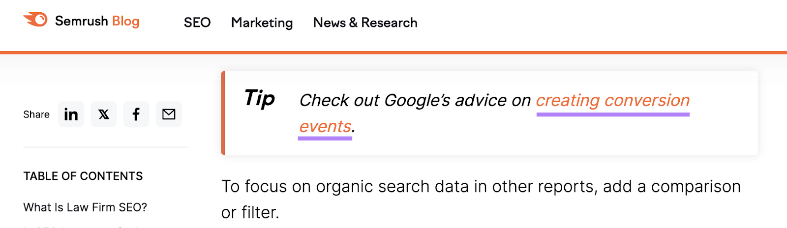 A tip box with the text “Check out Google’s advice on creating conversion events.” The last three words are linked.