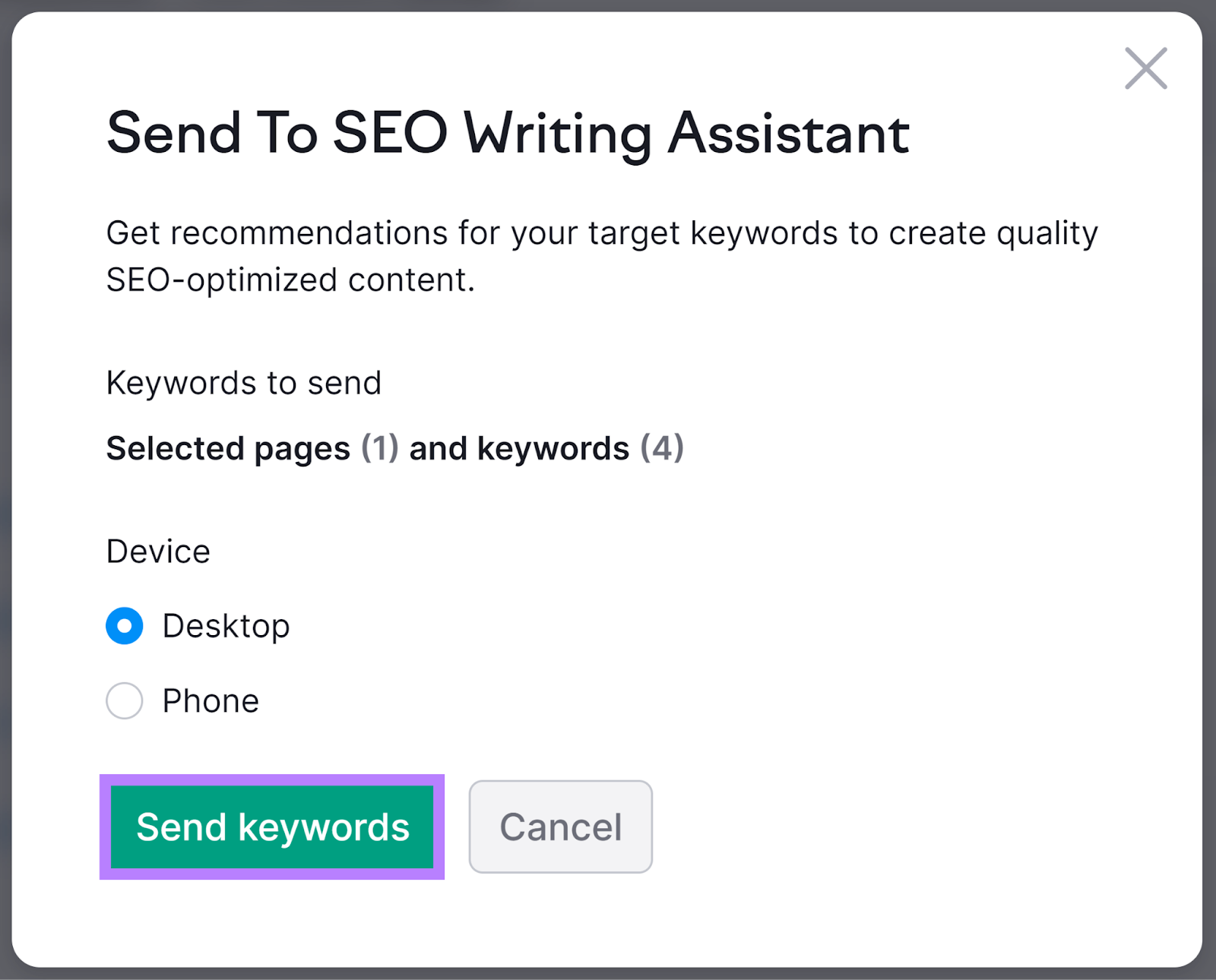 "Send to SEO Writing Assistant" pop-up window
