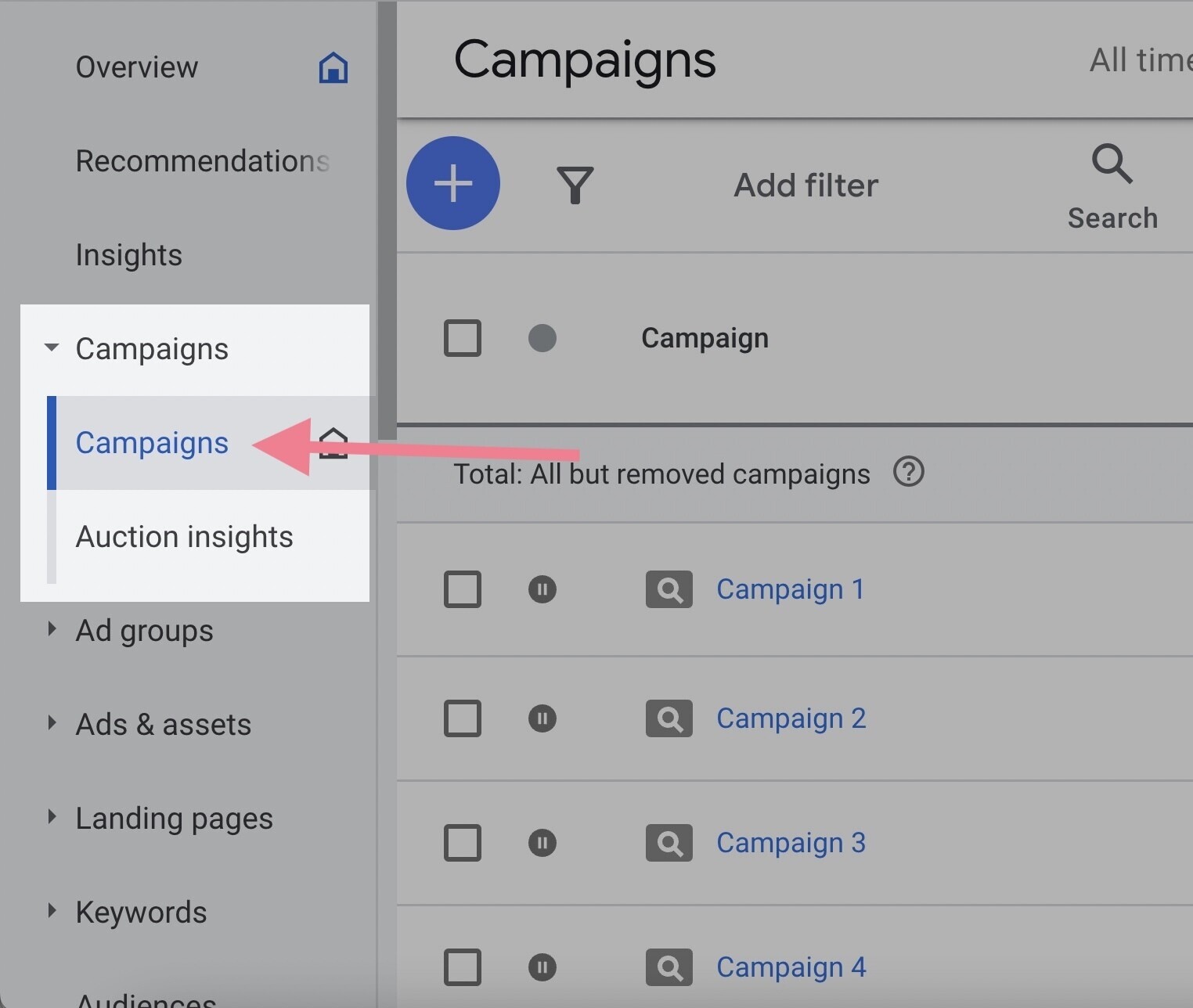 google ads campaigns tab