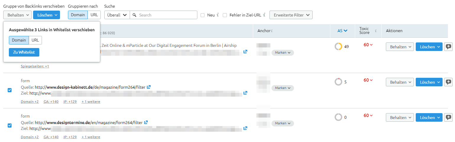 Whitelist-Option im Backlink Audit