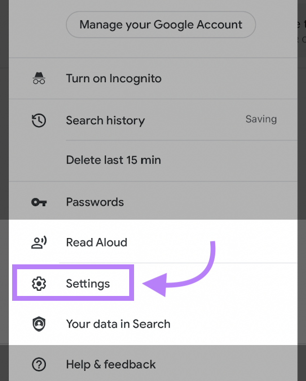 "Settings" button in Google app