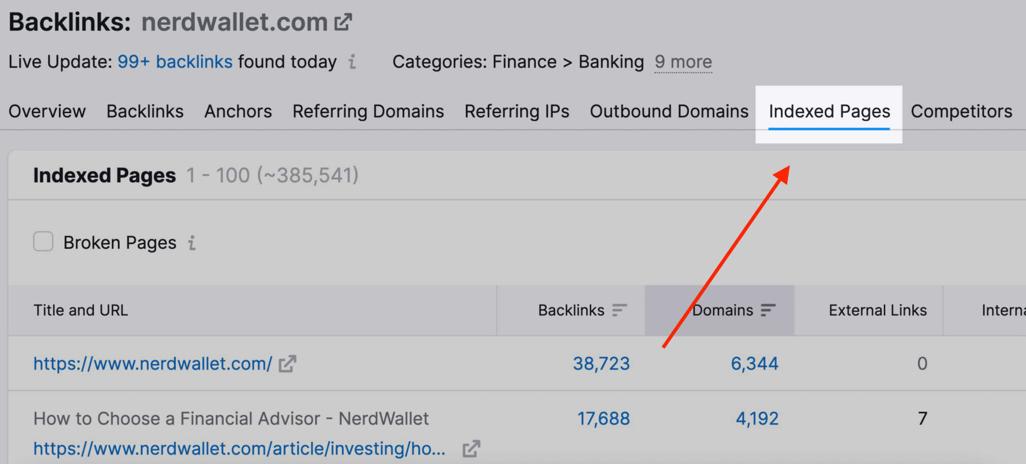Indexed Pages report in Backlink Analytics