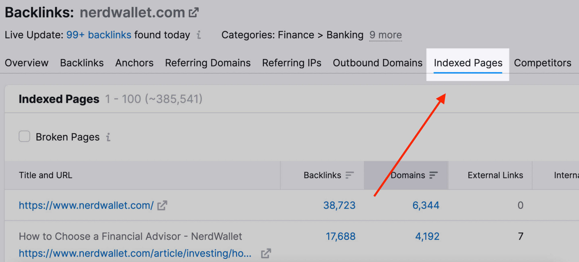 รายงานหน้าที่จัดทำดัชนีใน Backlink Analytics