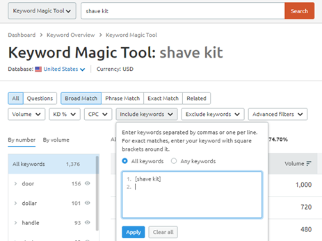 Keyword Magic Tool screenshot