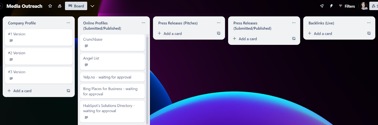 Trello project board showing tasks such as press releases and backlinks.