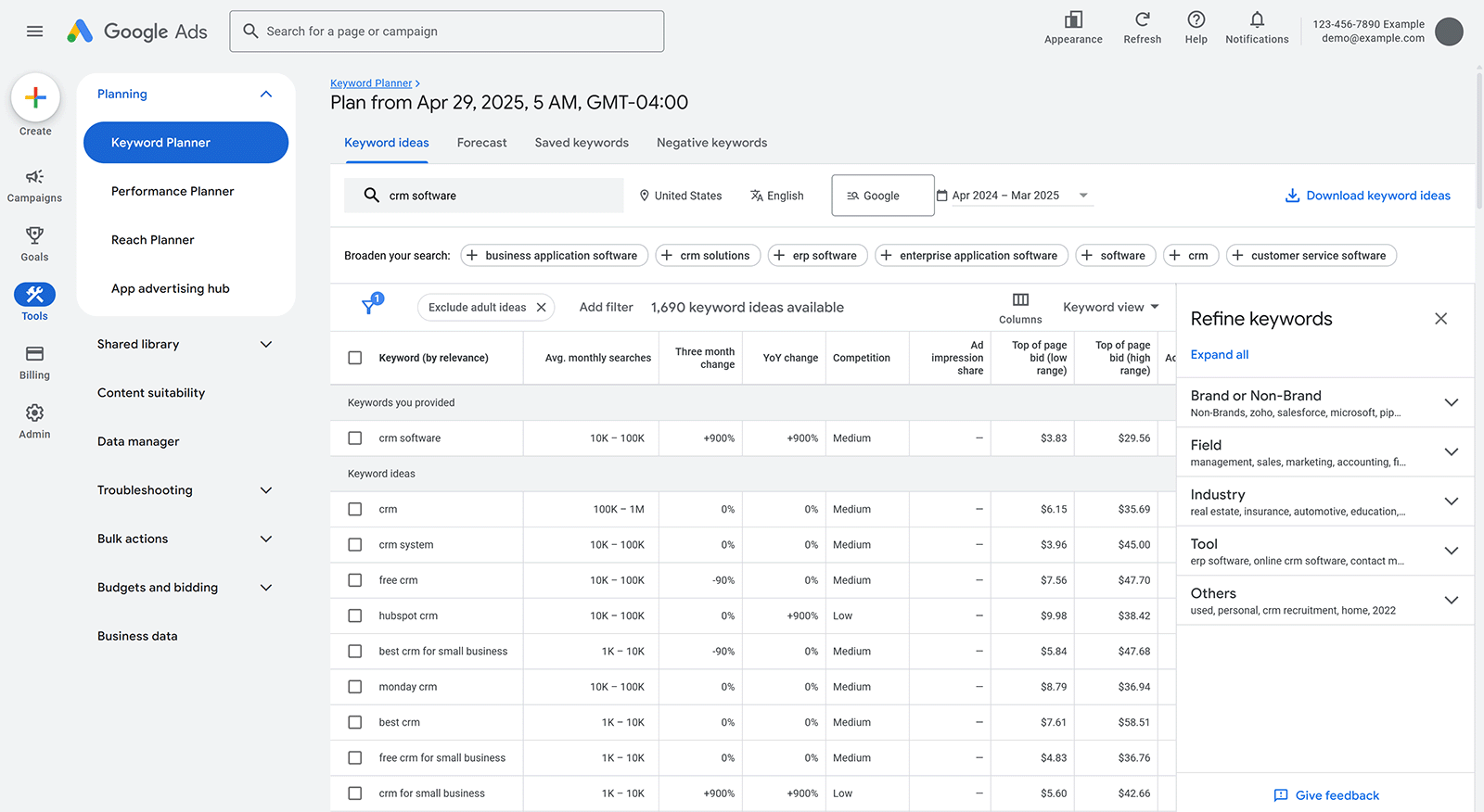 Google Keyword Planner interface showing keyword suggestions for “crm software” with filters, search volumes, and competition metrics
