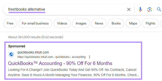 QuickBooks's ad on Google SERP