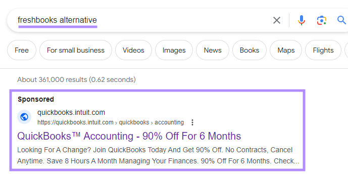 Anuncio de QuickBooks en Google SERP