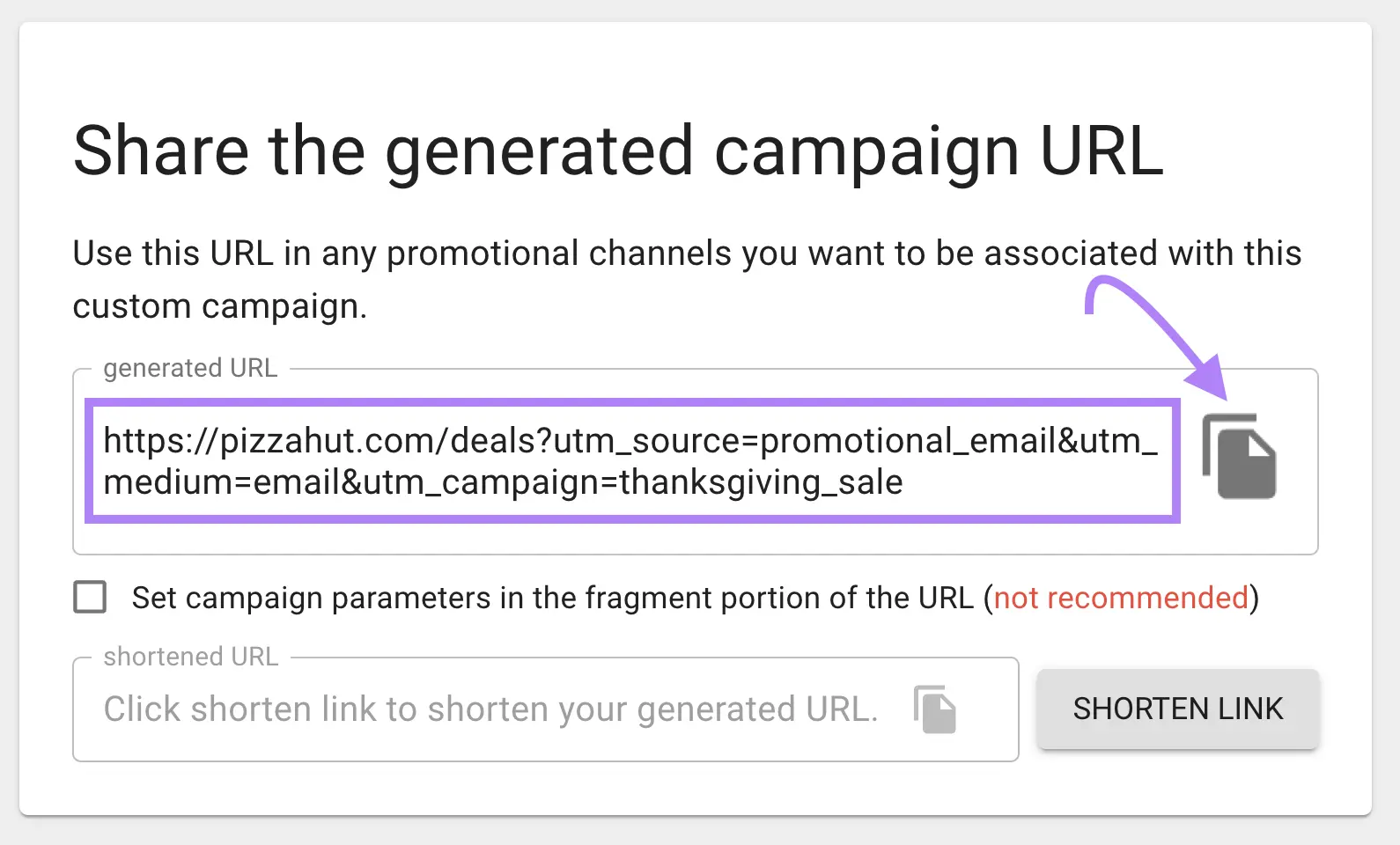 a customized  generated URL connected  Google’s Campaign URL Builder with the transcript  icon highlighted