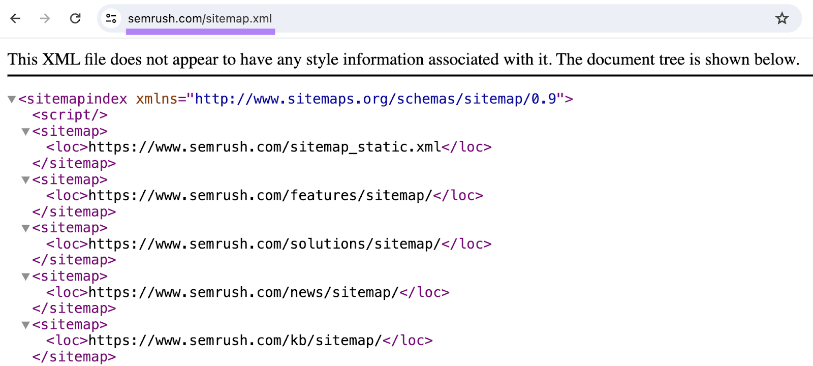 The webpage for semrush.com/sitemap.xml showing an XML sitemap