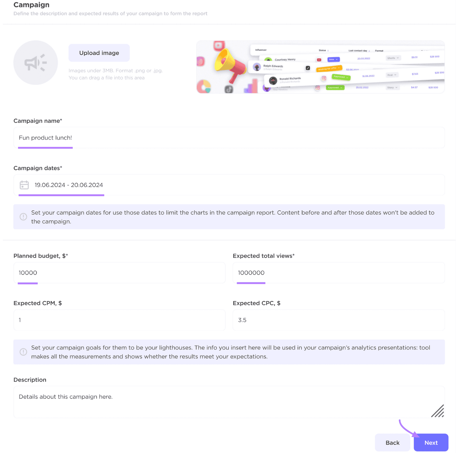 Influencer Analytics campaign creation interface with fields for campaign name, dates, budget, expected views, CPM, CPC.