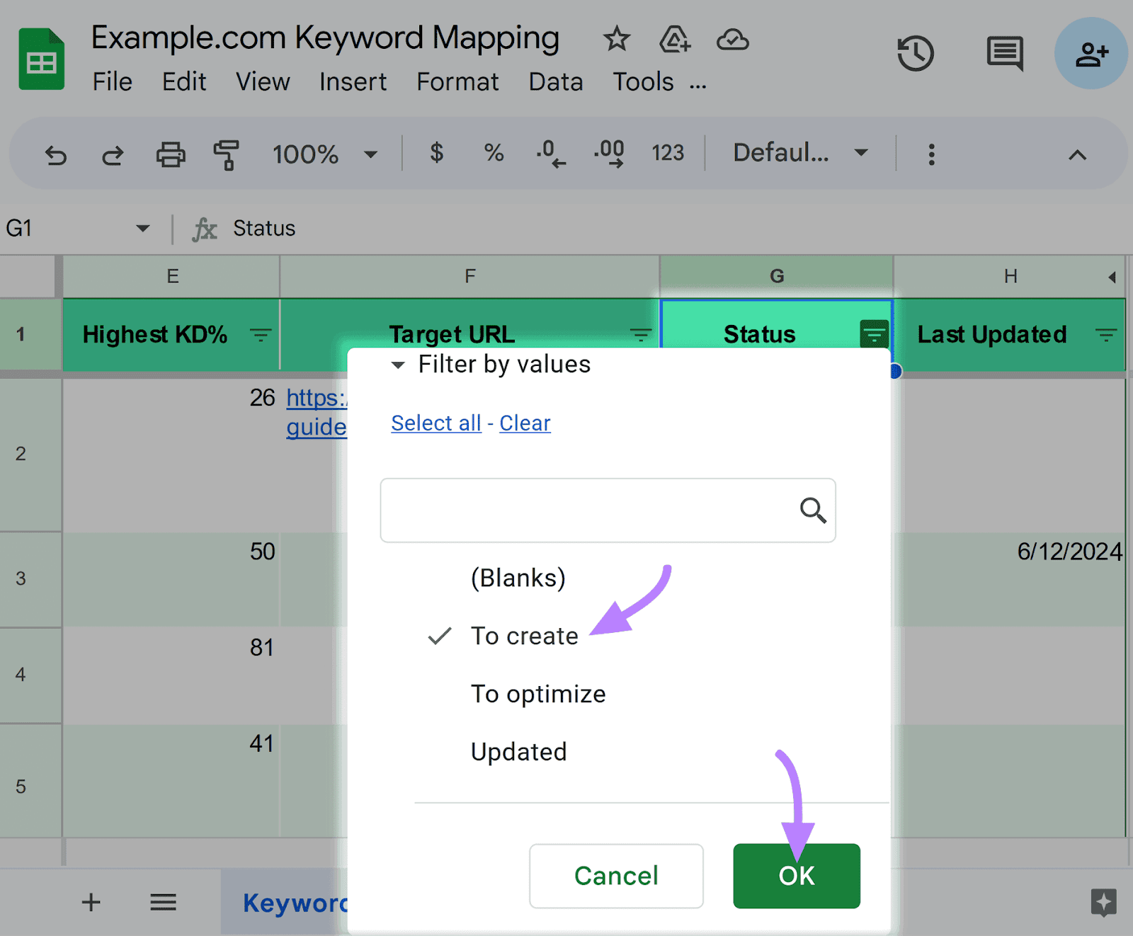 Keyword mapping template section displaying filtering of the "Status" column to show results flagged "To create."