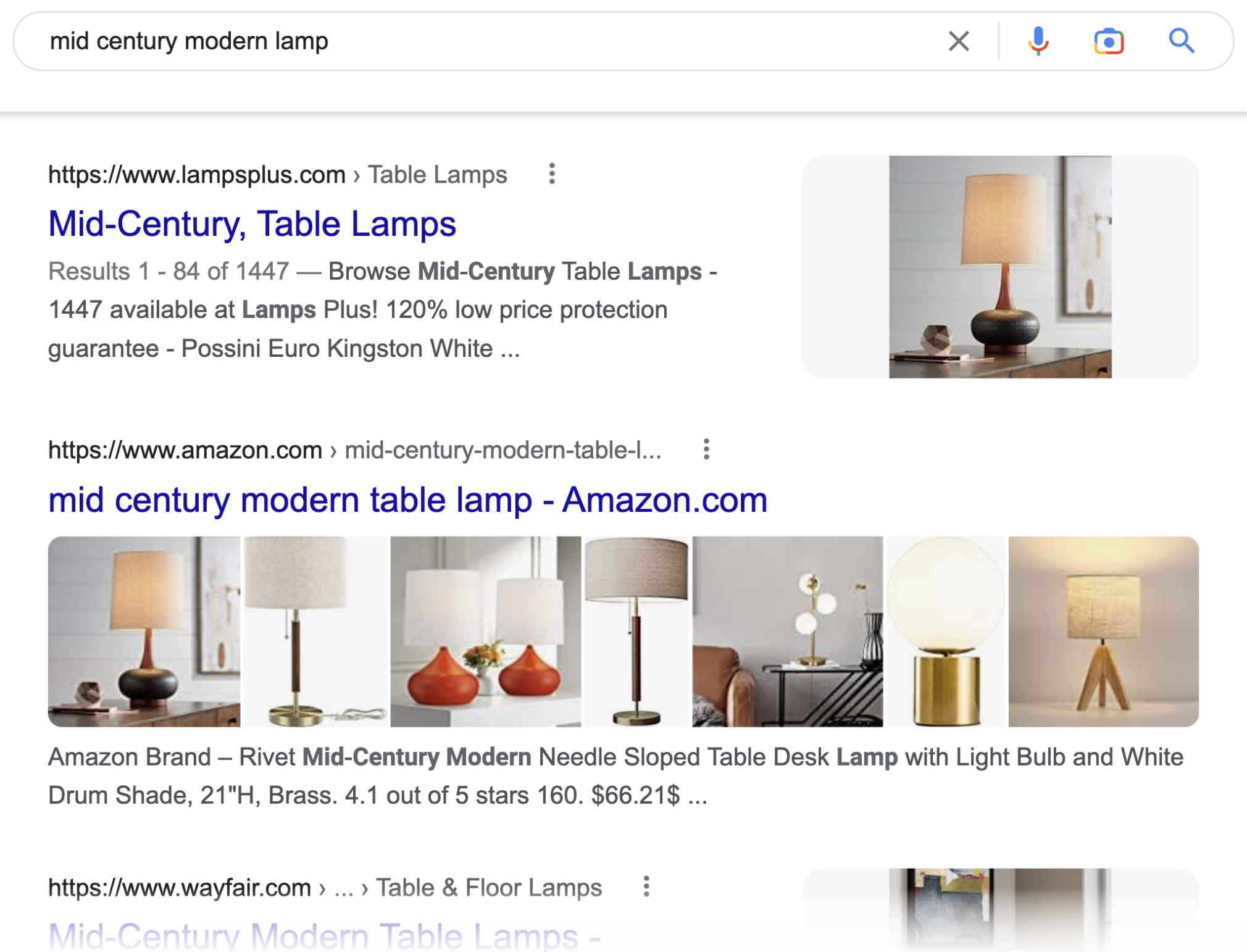 The Google SERP for mid century modern lamp displays organic results with titles, page URLs, and meta descriptions