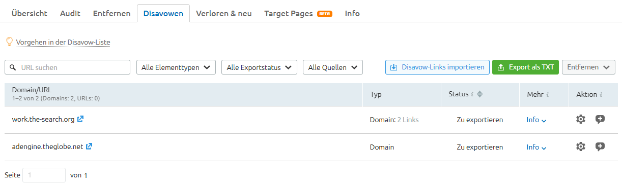 Domains auf der Disavow-Liste in SEMrush