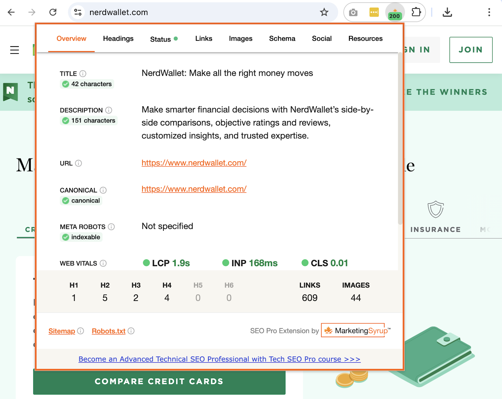 SEO audit plugin shows page details like core web vitals score, character lengths for title and meta description, and more.