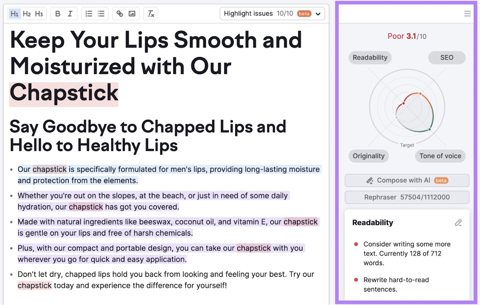 Assistant de rédaction SEO Semrush avec un article chapstick évalué pour la lisibilité, le ton de la voix, le référencement et l'originalité