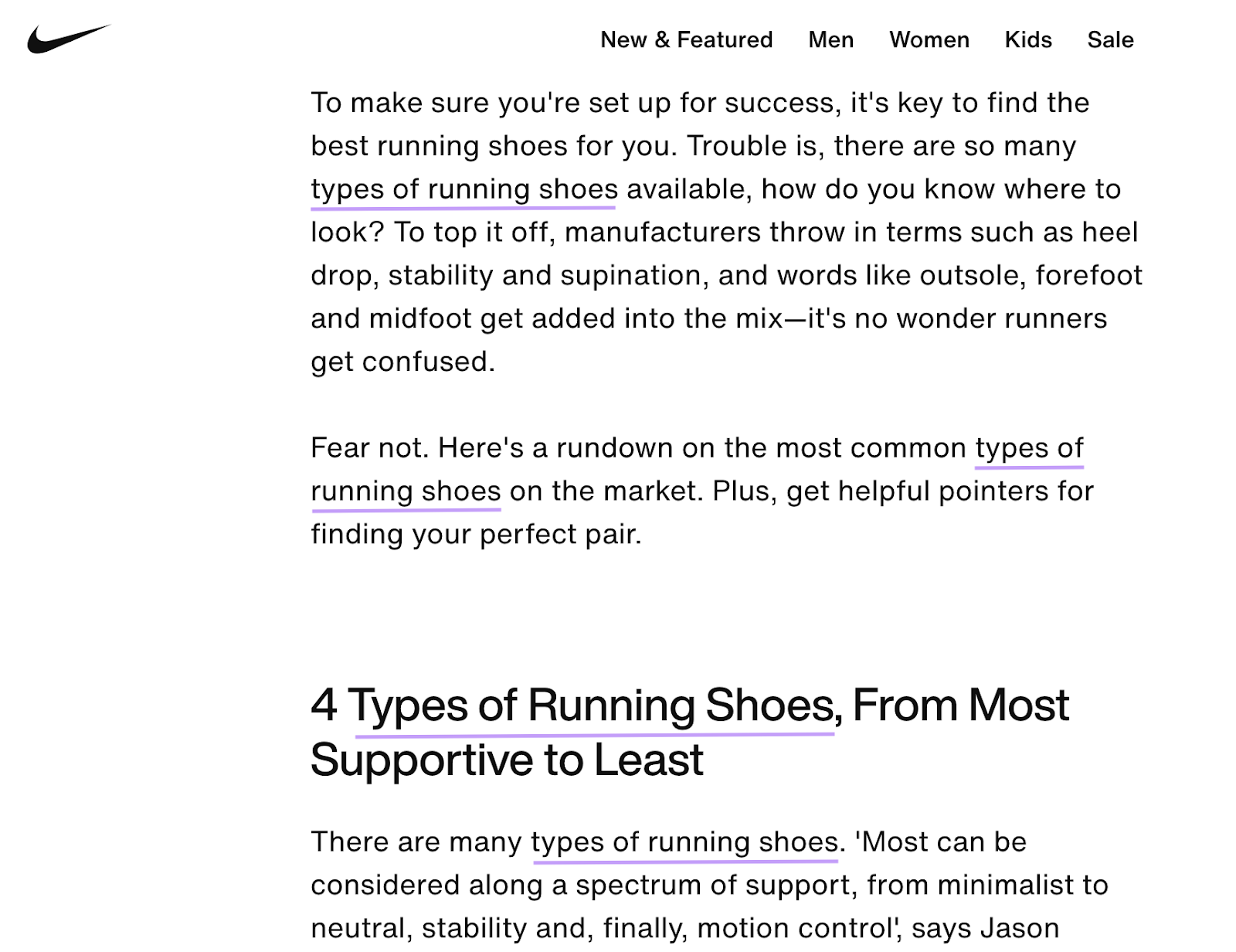 Nike's retail blog station  with "types of moving  shoes" keyword highlighted