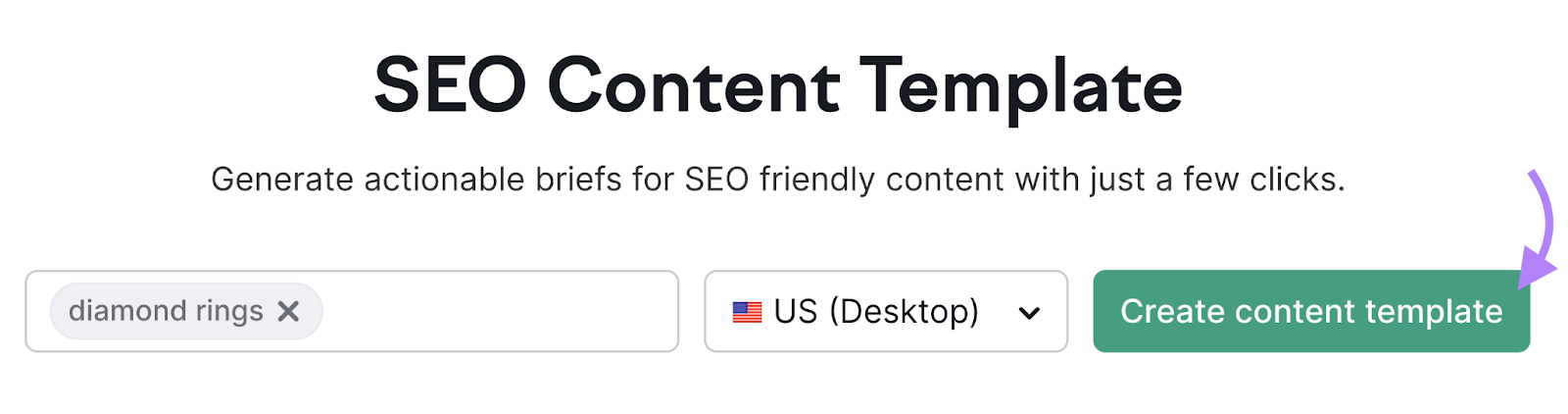 "diamond rings" in the search bar for the SEO Content Template. "US (Desktop)" is selected.