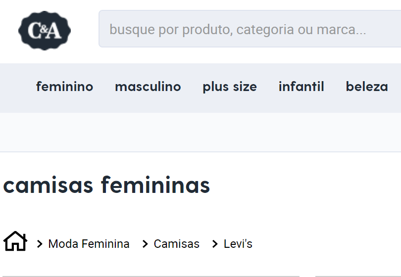 exemplo de breadcrumbs no site da c&a