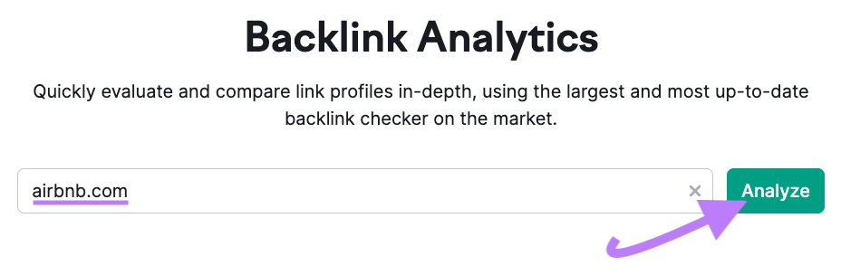 "airbnb.com" entered into Backlink Analytics search bar