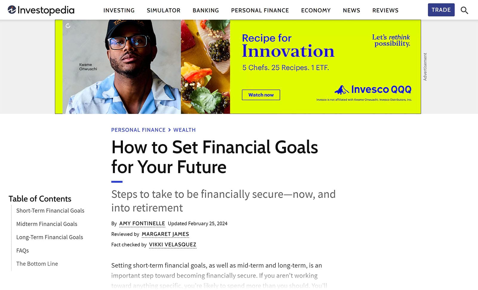 Top of page ad on Investopedia blog post