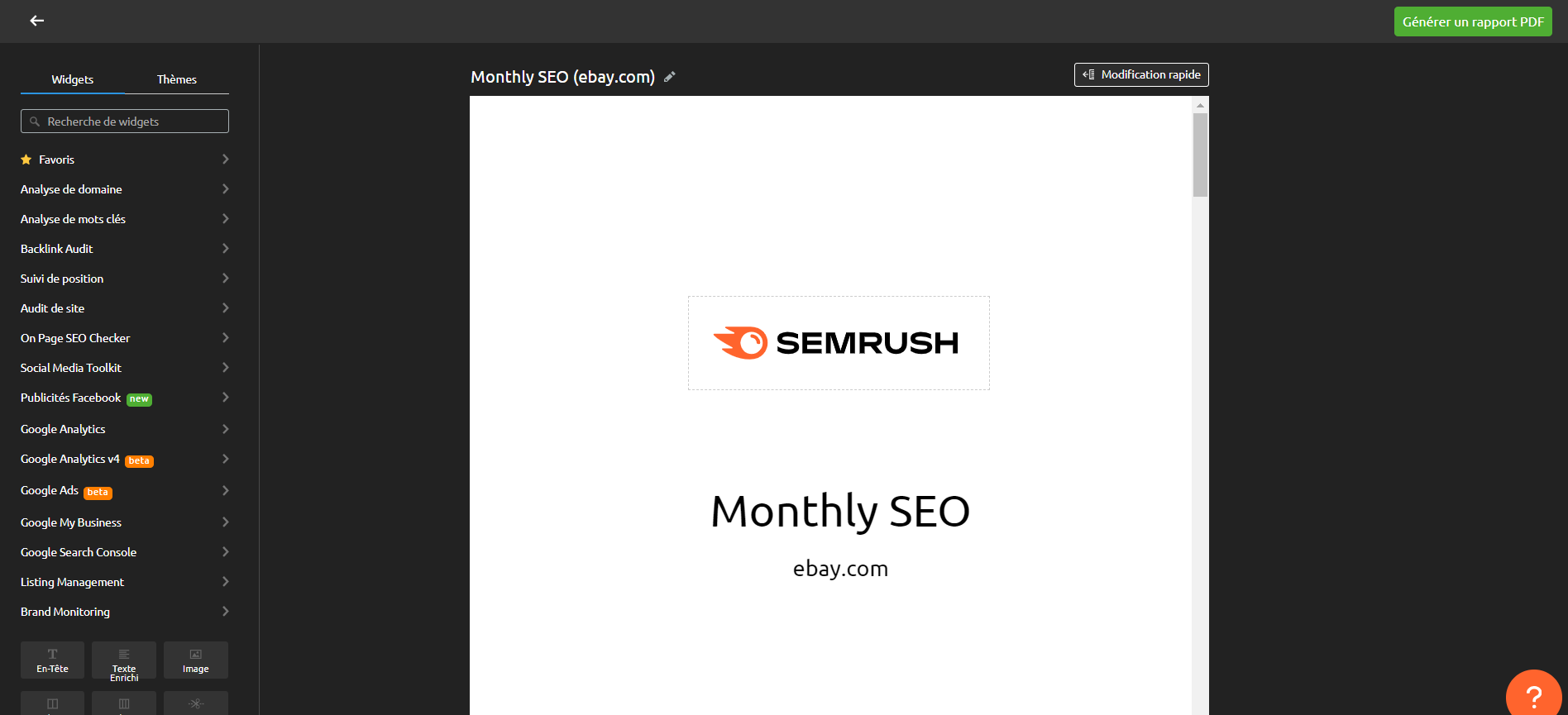 Semrush - Mes rapports - rapport mensuel