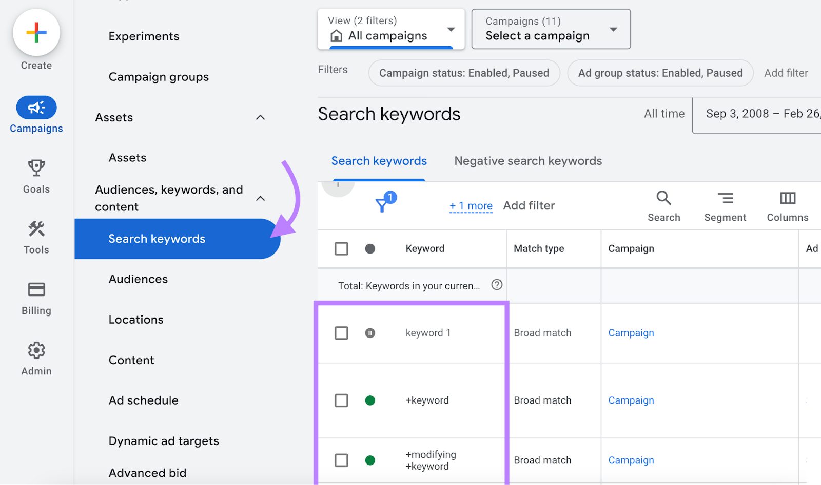 Search keywords in Google Search Console