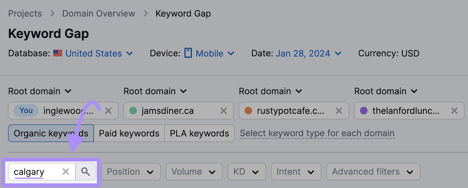 Filtering keywords in Keyword Gap tool by "calgary"