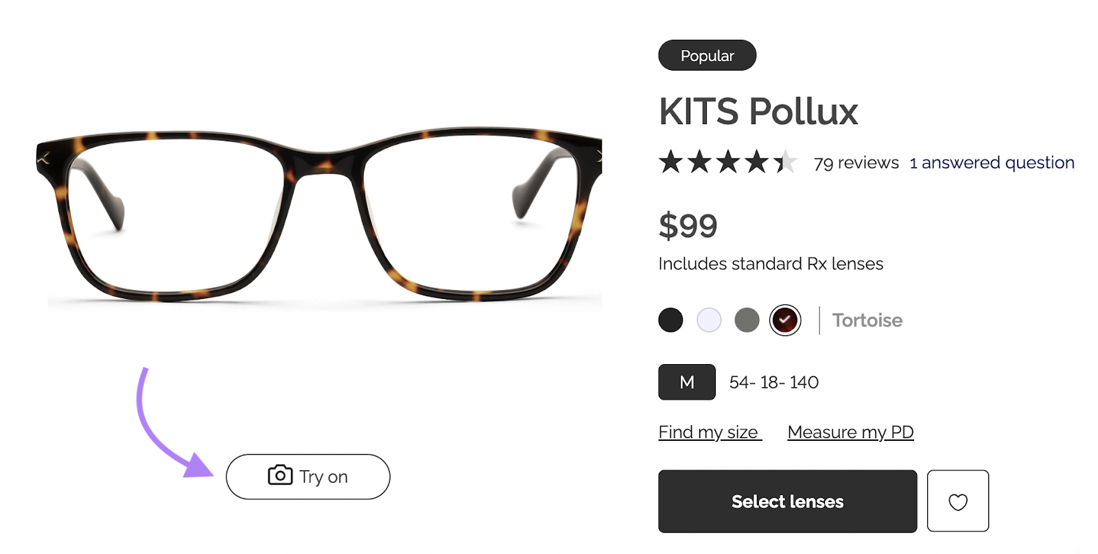 "KITS Pollux" glasses listing with "Try on" button highlighted under the image of the glasses