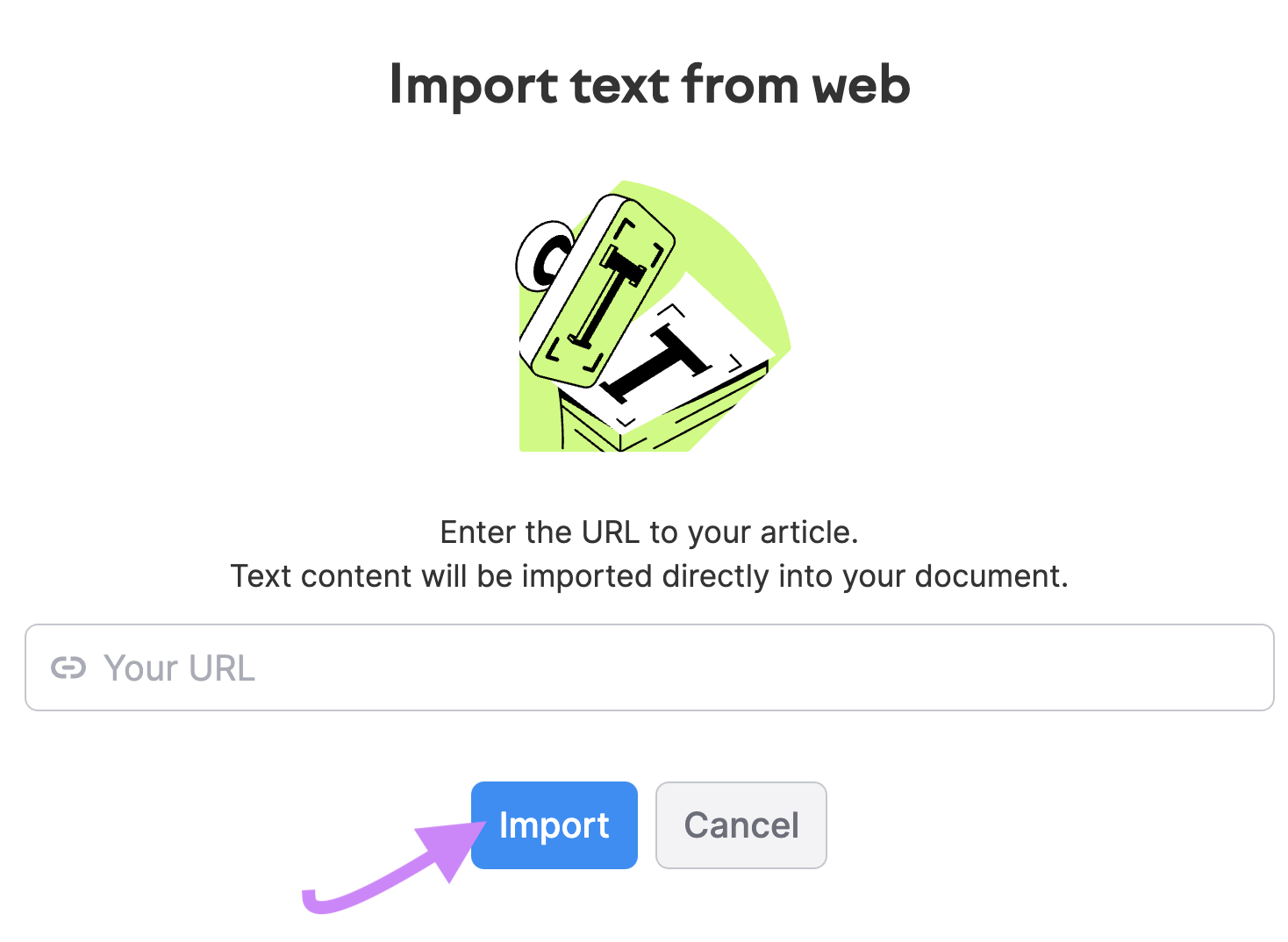 “Import text from the web” window
