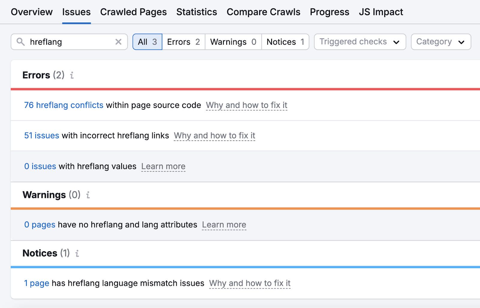 Search for hreflang in Site Audit shows how many pages have attribute and value issues as well as how to fix them.