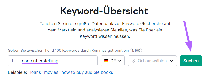 Keword-Übersicht – Suchleiste mit dem Keyword "Content-Erstellung" und der Schaltfläche "Suchen" hervorgehoben