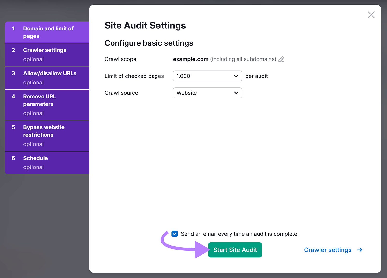 Site Audit Settings popup with arrow pointing to Start Site Audit button
