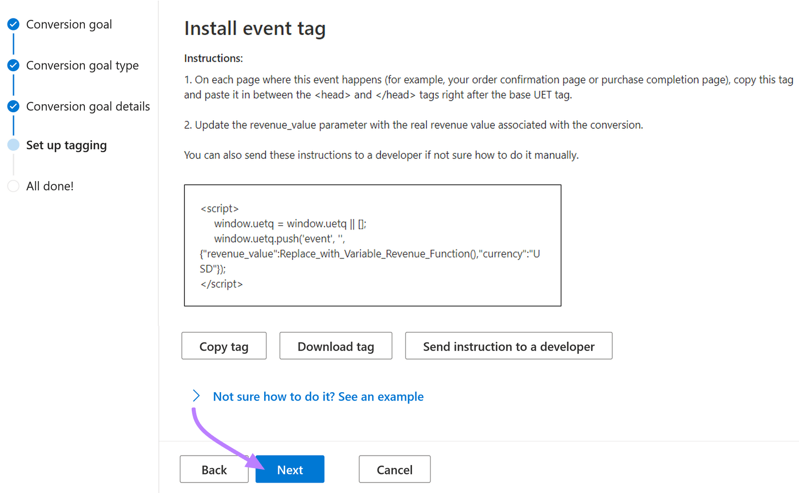 instructions for installing the event tag