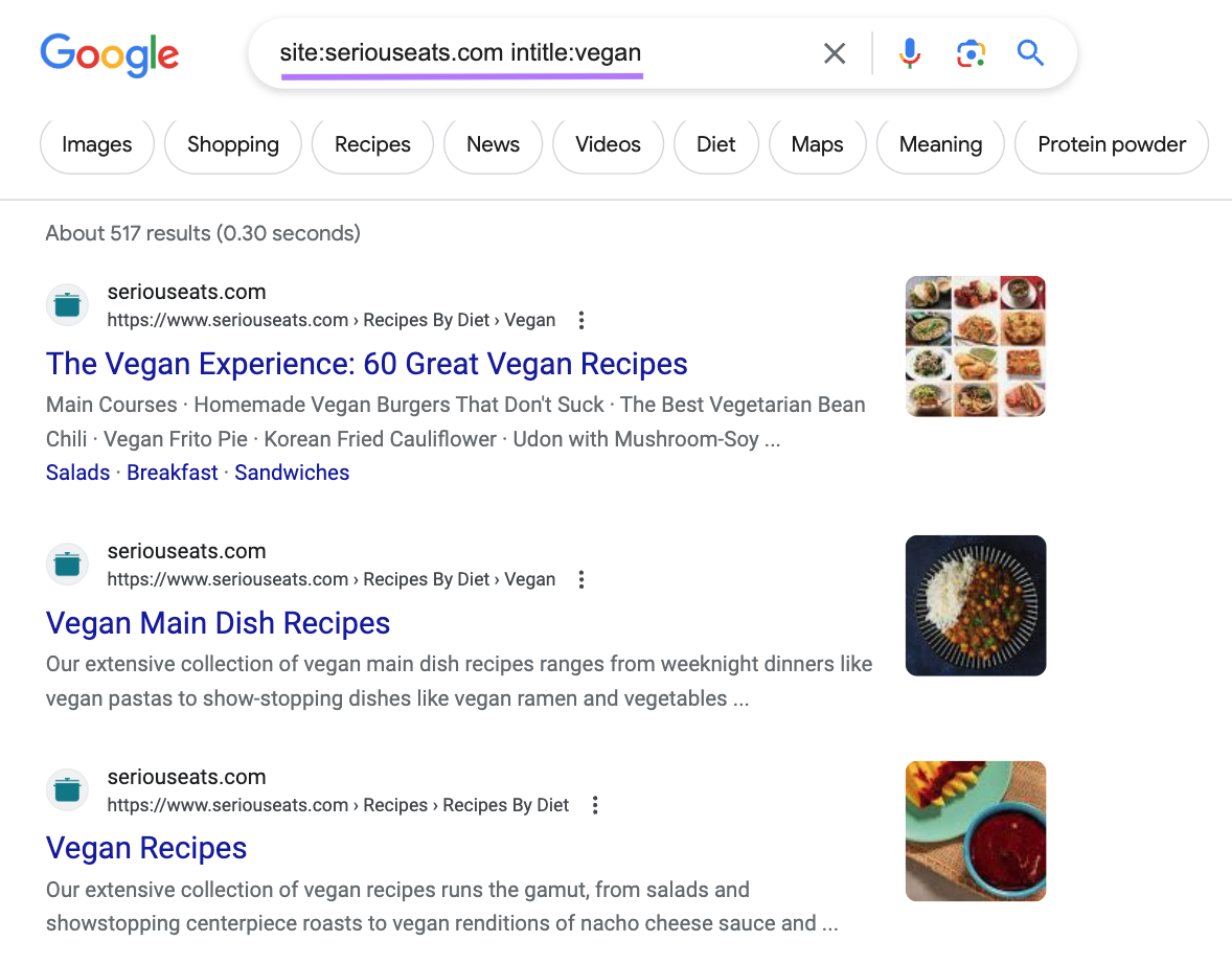Google's SERP for “site:seriouseats.com intitle:vegan”