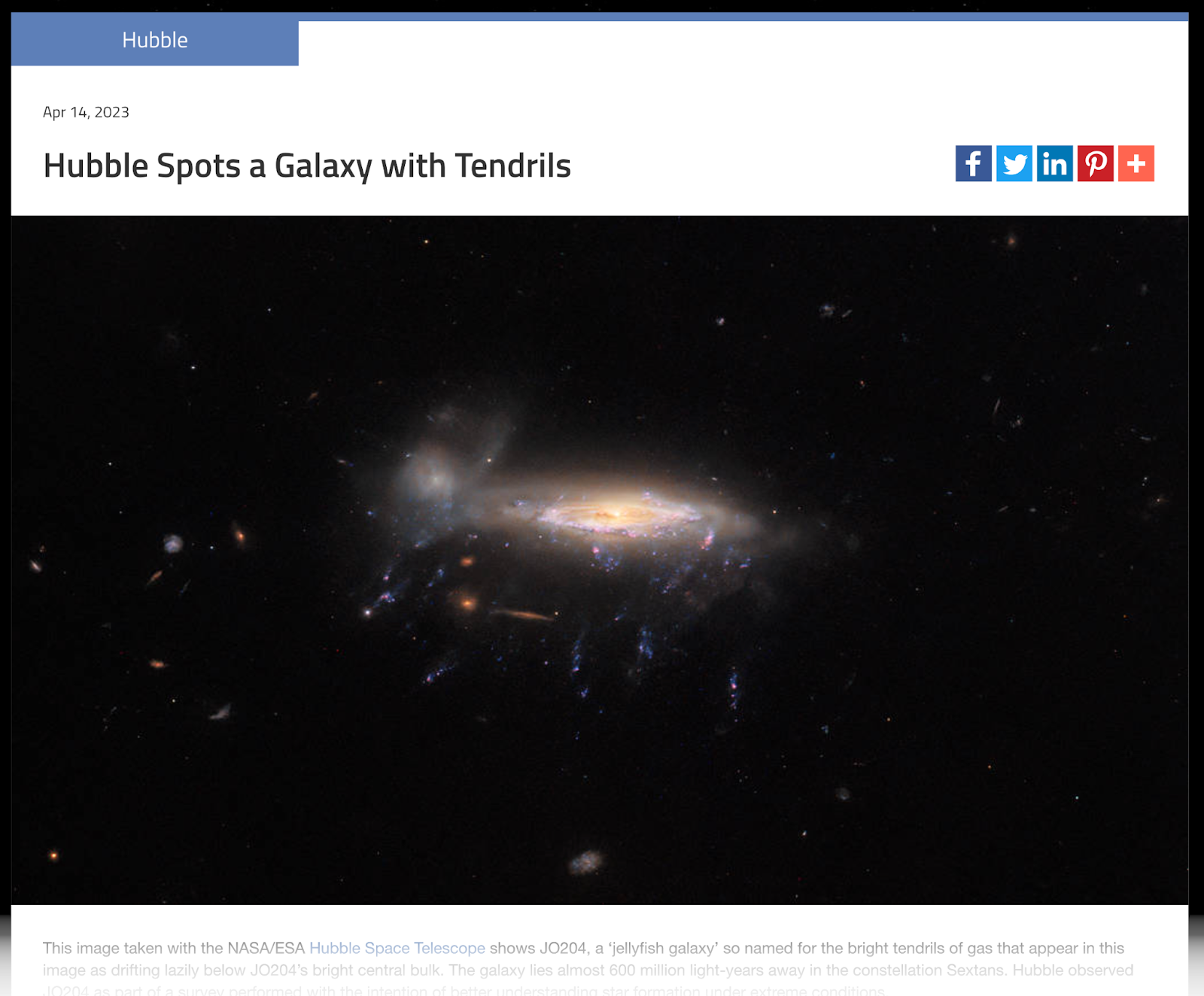 A NASA blog post entitled "Hubble Spots a Galaxy with Tendrils" featuring a photo of the galaxy.