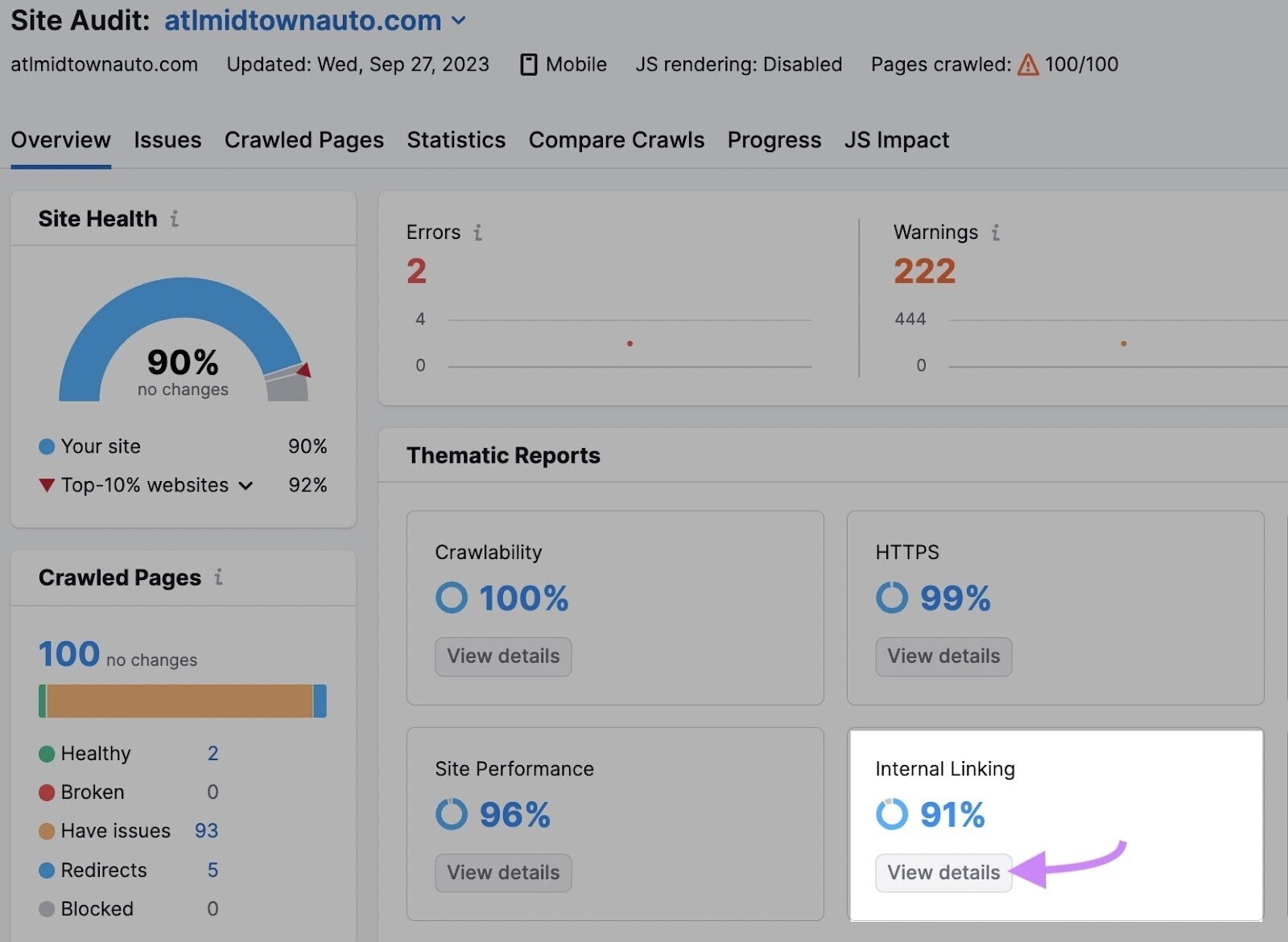 Site Audit overview dashboard with "Internal Linking" box highlighted