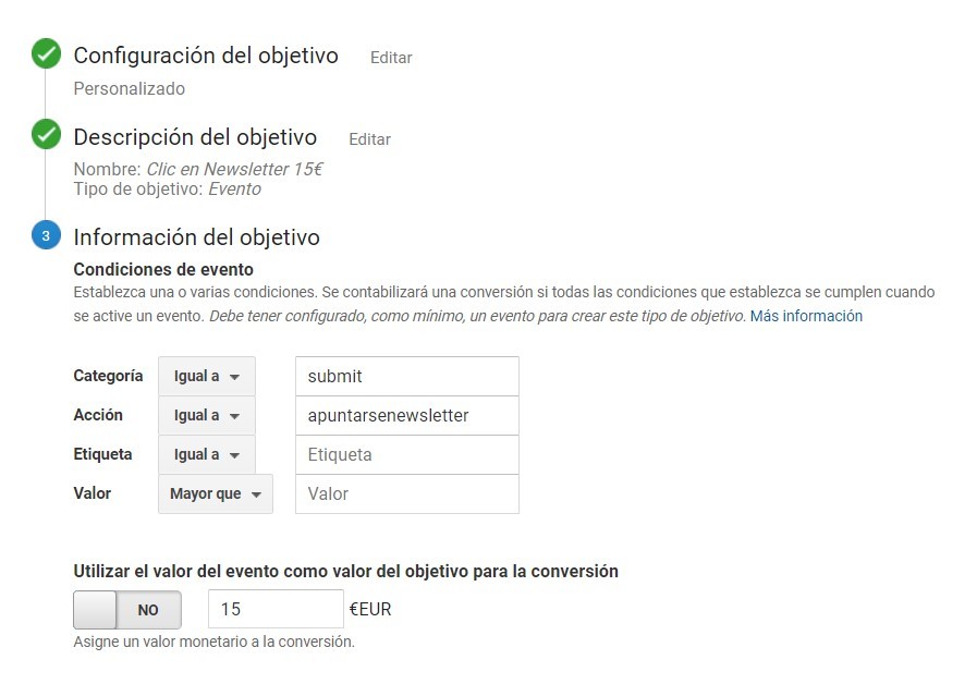 Auditoría en Google Analytics - Ejemplo de objetivos