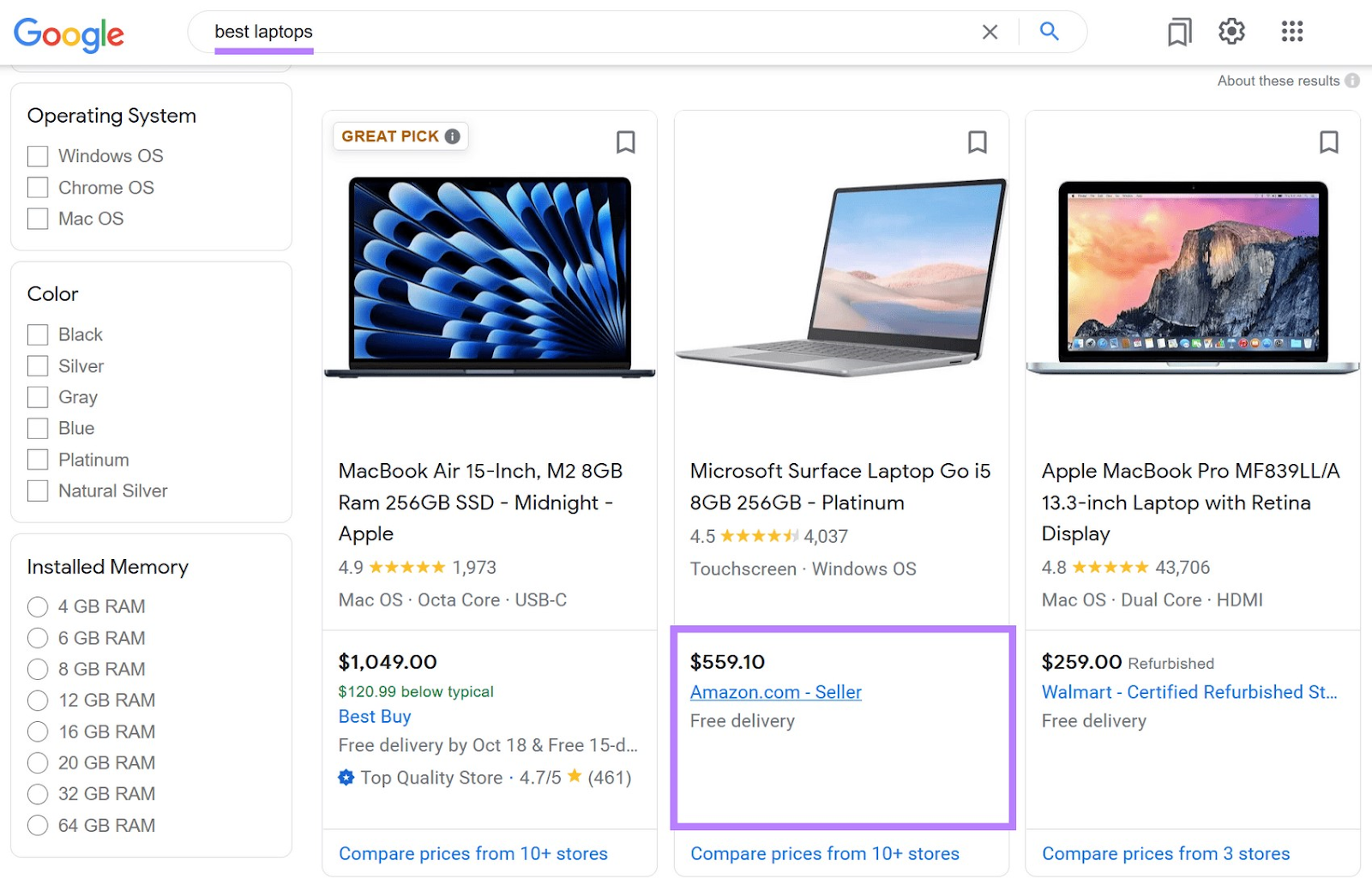 La búsqueda en Google de "mejores portátiles" muestra el listado de Amazon
