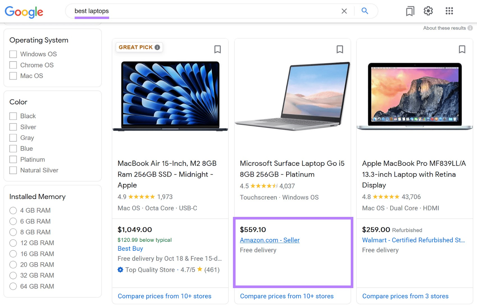 La recherche Google des « meilleurs ordinateurs portables » affiche la liste Amazon