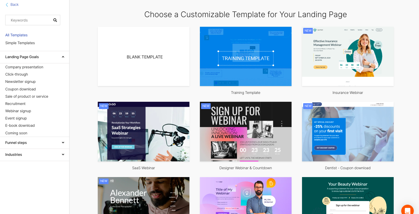 A tiled page showing some of the templates in the Semrush Landing Page Builder.