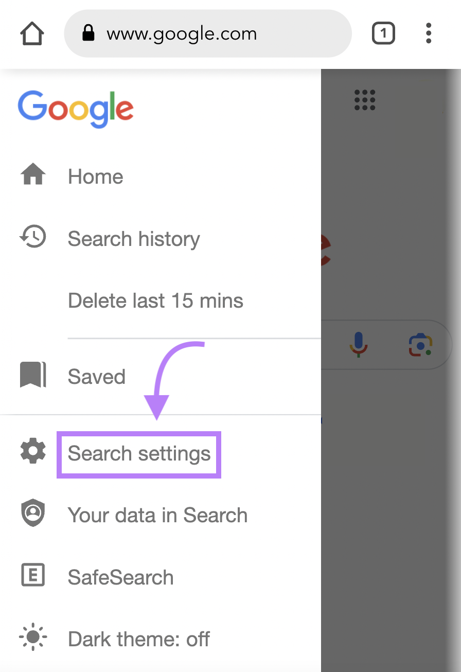 Google “Search settings” button highlighted in purple